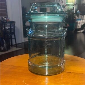 Vintage L.E. Clear Glass Milk Can Shaped Storage Jar with Handle